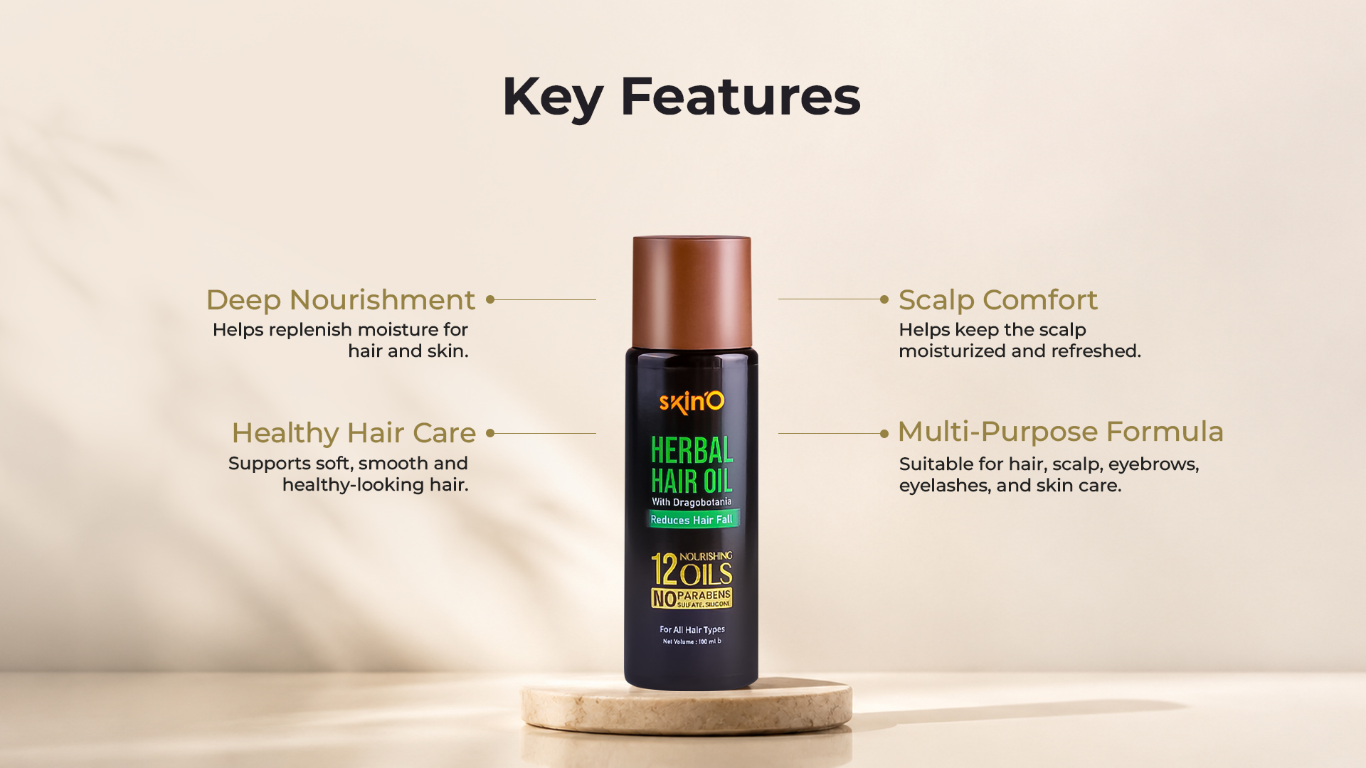 skinO Herbal Hair Oil With Dragobotania Reduces Hair fall 100 ml key features