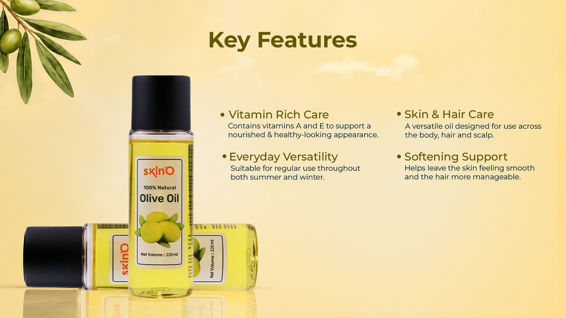 skinO 100% Organic Olive Oil 100ml key features