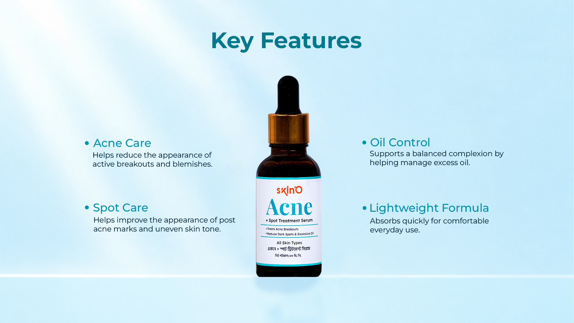 skin'O Acne + Spot Treatment Serum 30ml key features