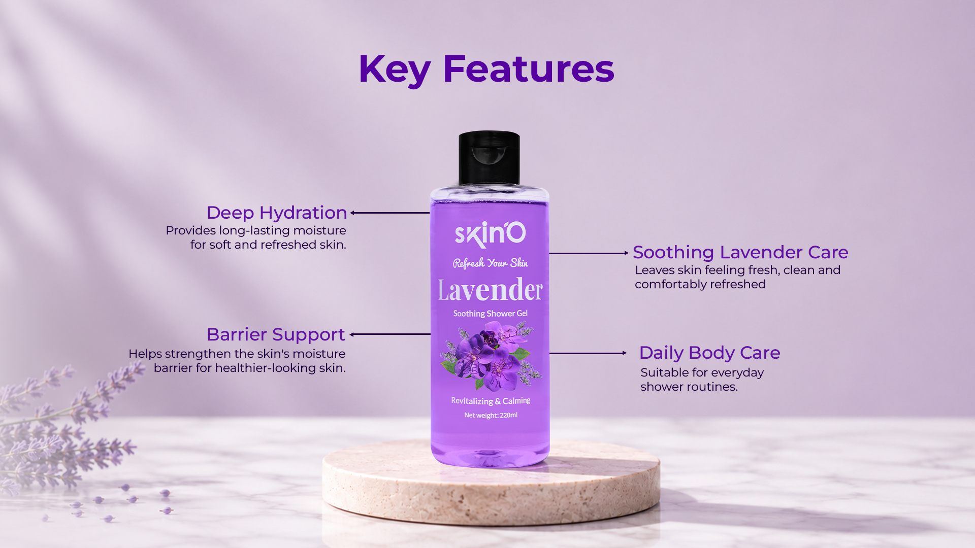 skinO Lavender Shower Gel 220ml key features