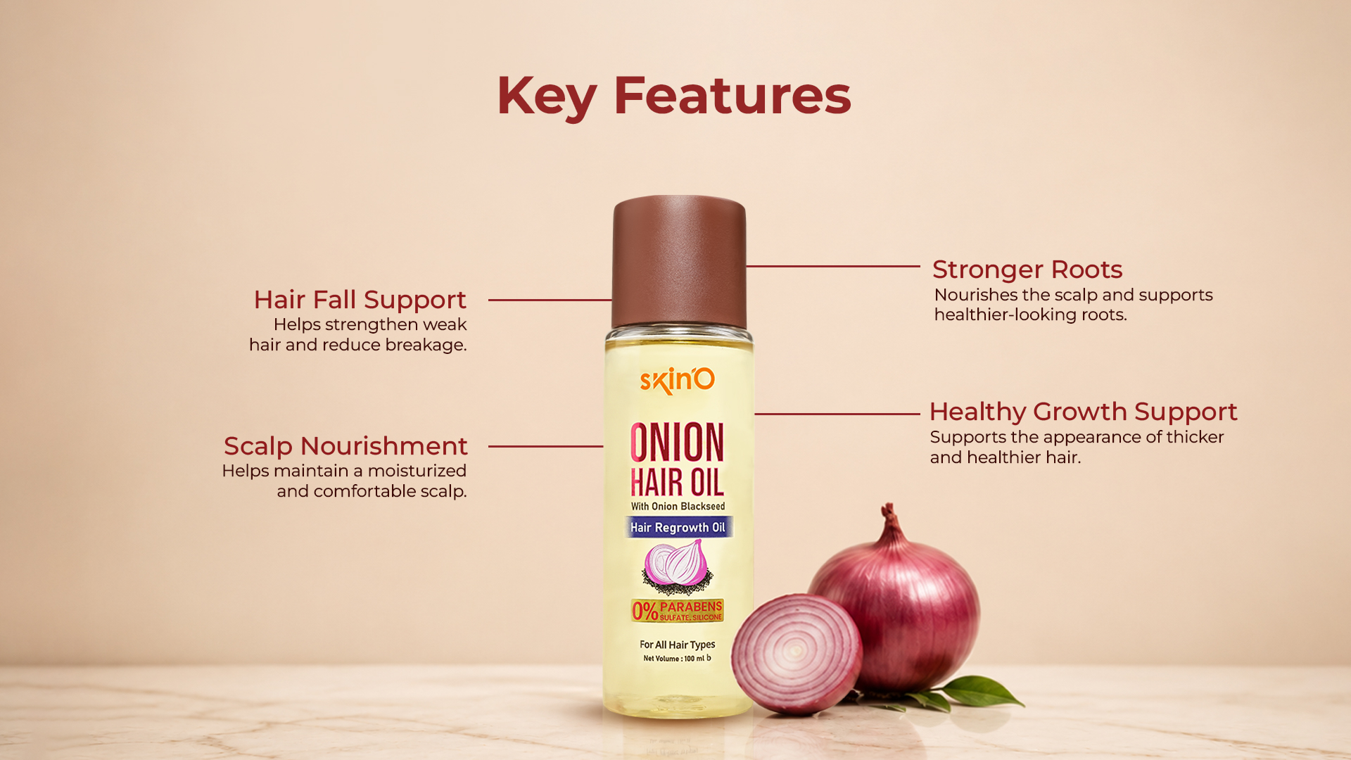 skin'O Onion Hair Oil With Onion Blackseed Hair Regrowth Oil 100ml key features