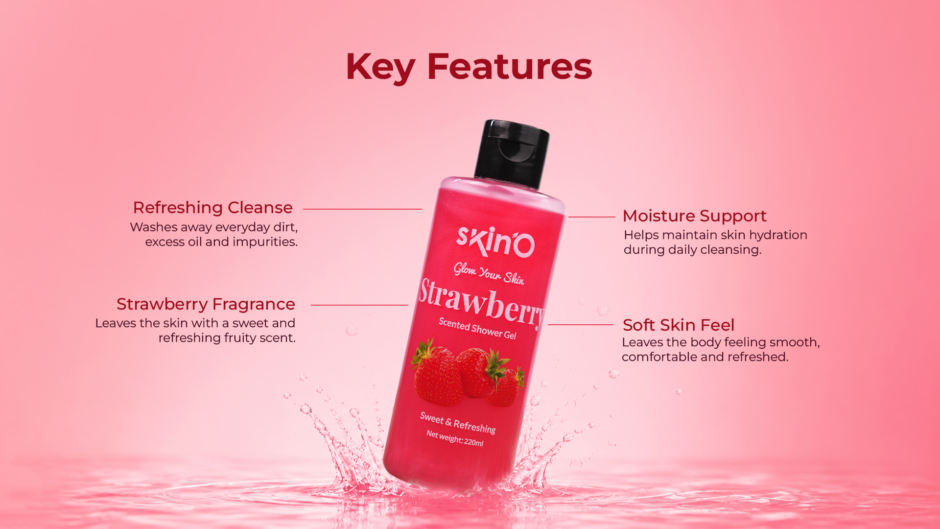 skin'O Strawberry Scented Shower Gel 220ml key features