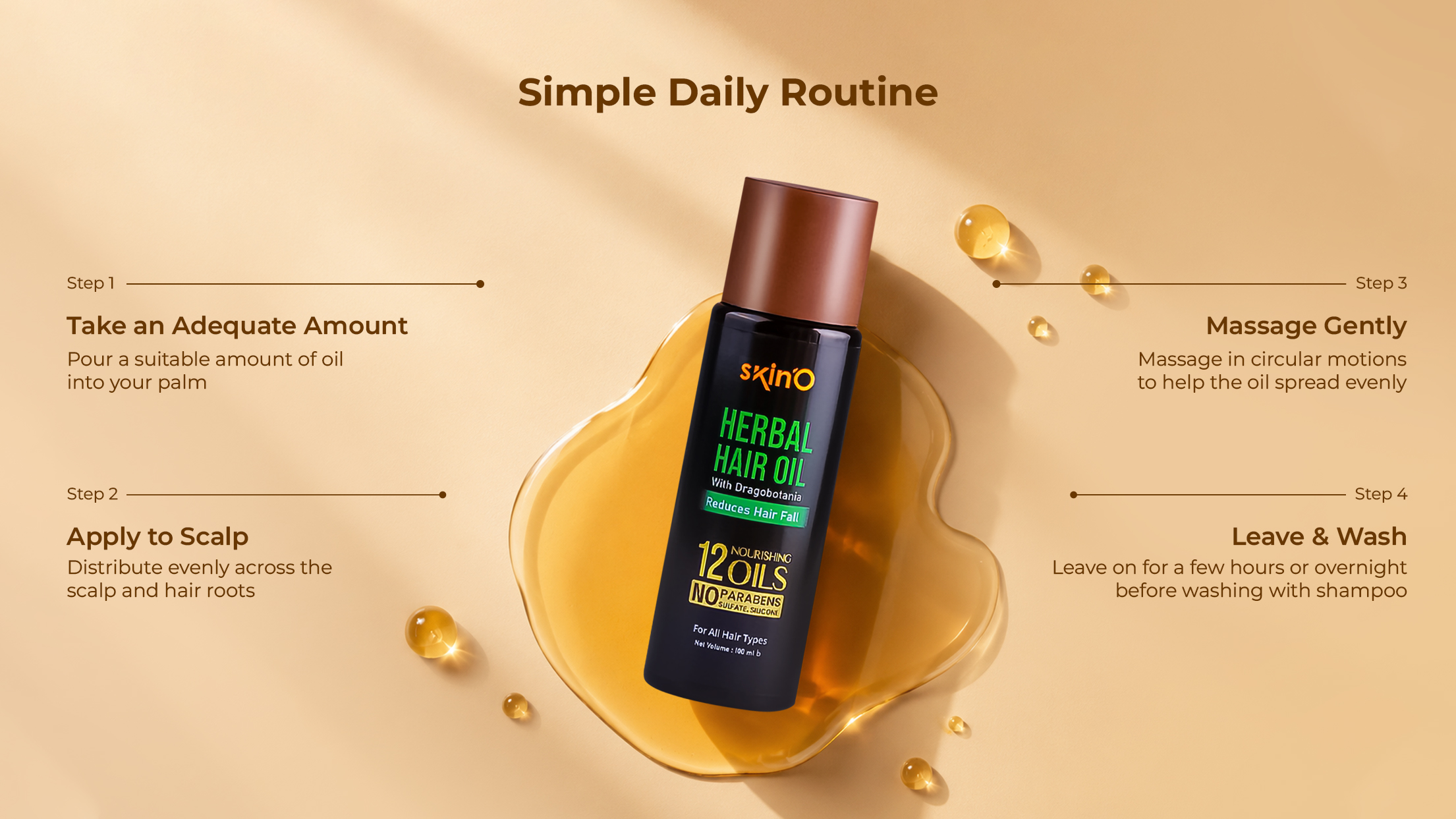 skinO Herbal Hair Oil With Dragobotania Reduces Hair fall 100 ml daily routine