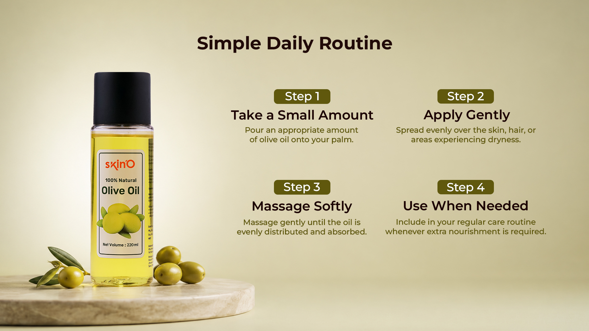 skin'O 100% Organic Olive Oil 220ml daily routine