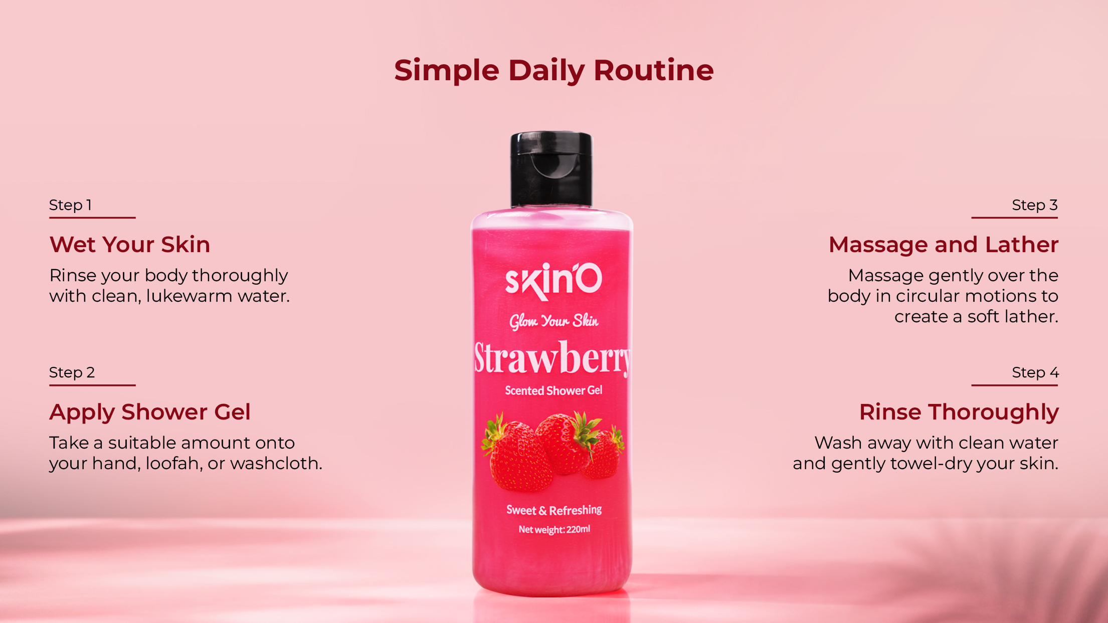 skin'O Strawberry Scented Shower Gel 220ml daily routine