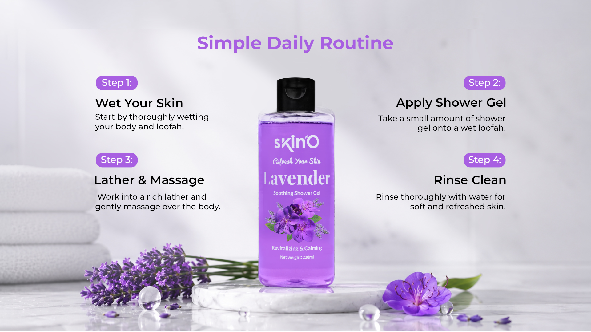 skinO Lavender Shower Gel 220ml daily routine