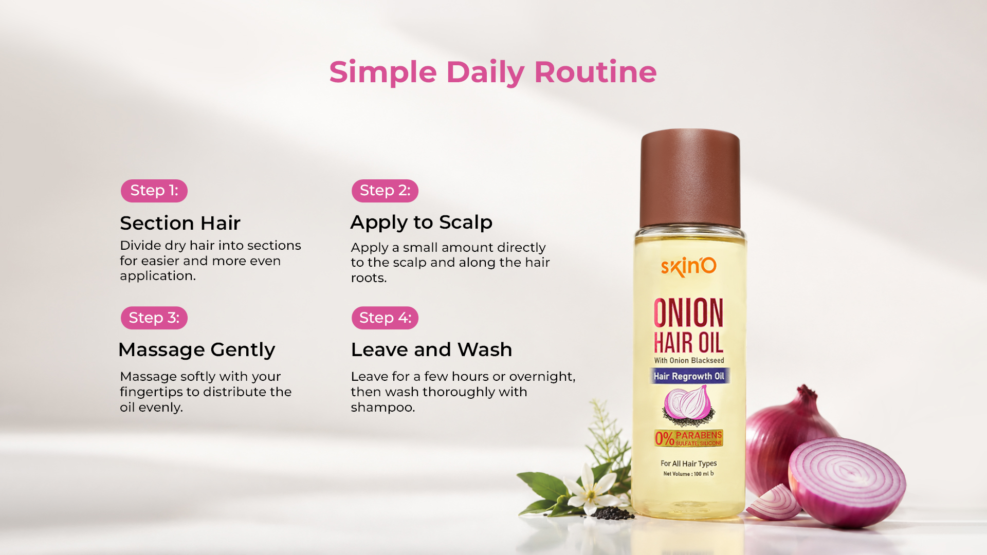 skin'O Onion Hair Oil With Onion Blackseed Hair Regrowth Oil 100ml daily routine